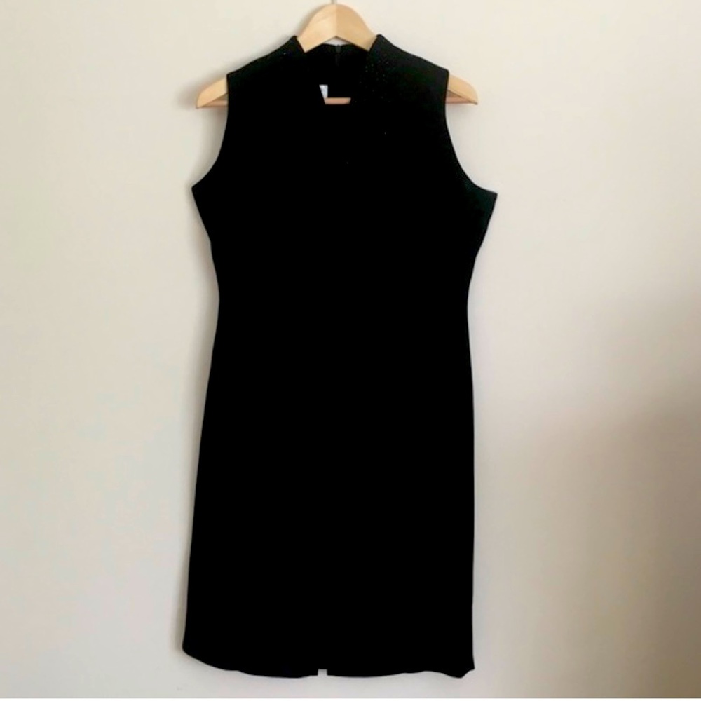 Jones New York Evening Dress, sheath black dress with sequin V Neck.